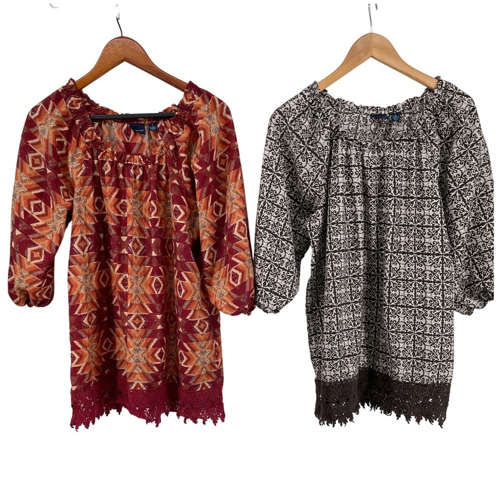 2-Westbound Peasant Top Womens Large Western Boho Crochet Lace Trim Southwestern